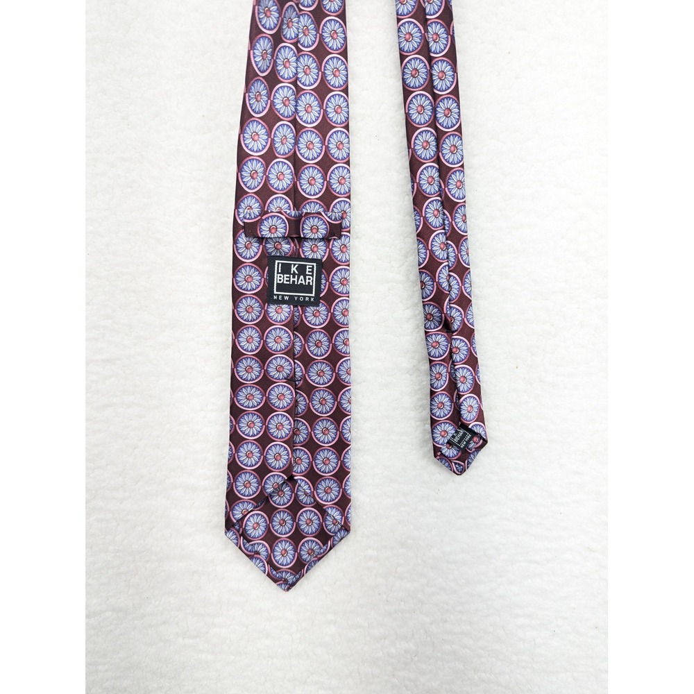 Ike Behar New York Necktie Burgundy Blue‎ Floral Silk Designer Tie 59"